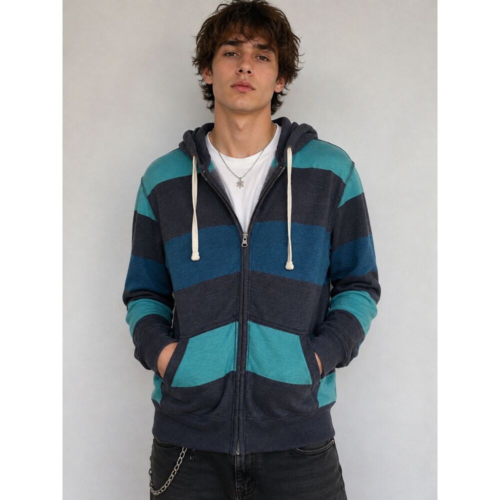 Roebuck & Co Sears Y2K Striped Zip Up Hoodie Blue Teal Grunge Small Skate Street